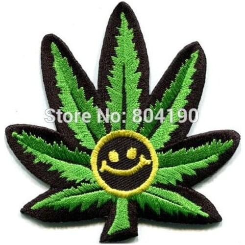 Leaf pot weed grass smiley face hippie boho retro rock punk biker vest applique iron-on patch free embroidery