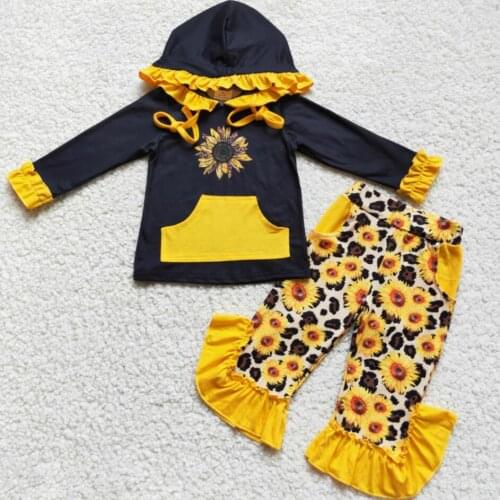 RTS Baby girls sunflower kids boutique children fashion hoodie top design ruffle big bell bottom pants toddler fall outfits sets