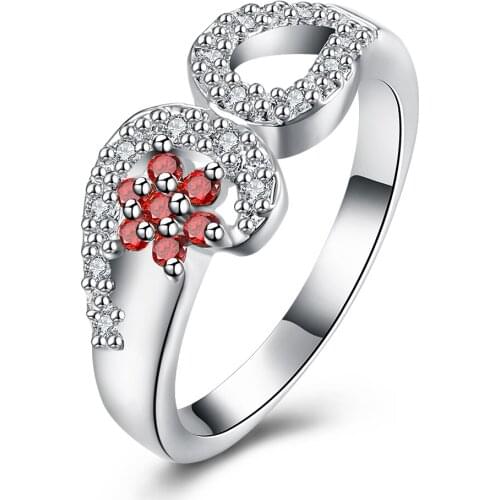 Hot Sale Exquisite Flower-Shaped Garnet Drop-Shaped White Crystal Ring 925 Sterling Silver Engagement Wedding Ring Size 8 R277