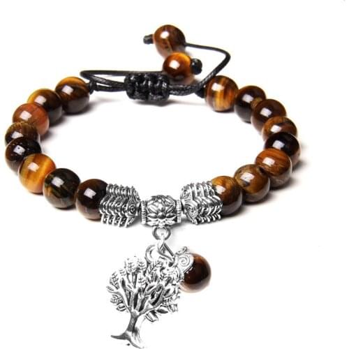 Hot life Tree Charm Natural stones Round beads Adjustable Rope length braided bracelet Tiger Eye female male Woven Bracelet