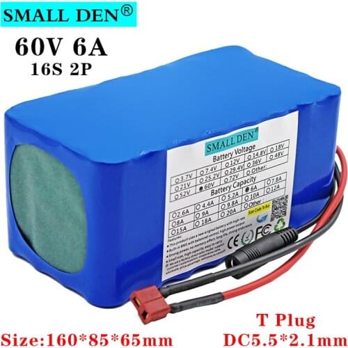 60V 6.0Ah 16S2P 18650 lithium battery pack T-plug 67.2V 6000mAh electric bicycle scooter with 20A BMS discharge 1000 watts