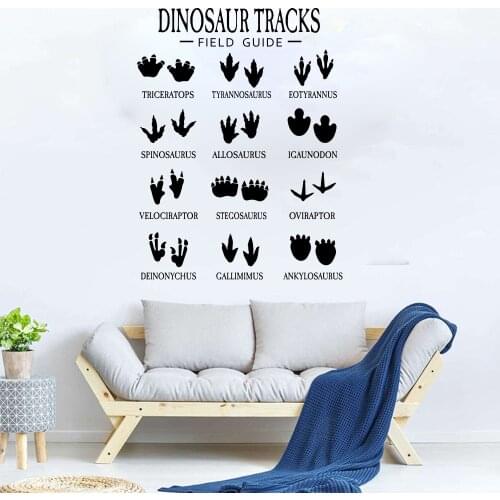 Cartoon Dinosaur Tracks Field Guide Wall Decal Playroom Kids Room Jurassic Park Dino Footprint Paw Wall Sticker Bedroom Vinyl De