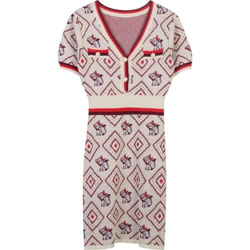 New Arrival Fashion V-neck Short Sleeve Summer Dresses Animal Pattern Slim Knitting Dress Office Wear YOU510