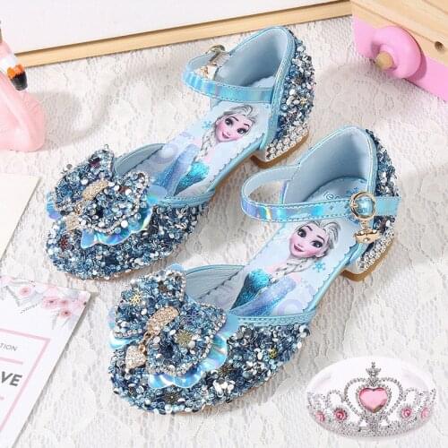 Frozen Princess Elsa Cosplay Girls' Leather Shoes Childrens Catwalk Crystal Diamond Set Cute Bow High Heels Shoes