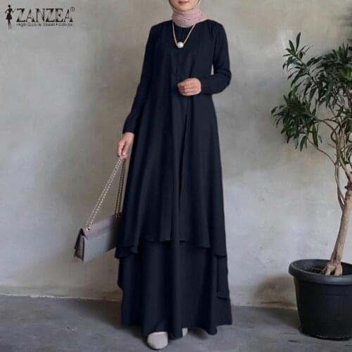 ZANZEA Women Long Sleeve Muslim Maxi Dresses Eid Mubarek Loose Long Dress Dubai Turkey Abaya Hijab Sundress Kaftan