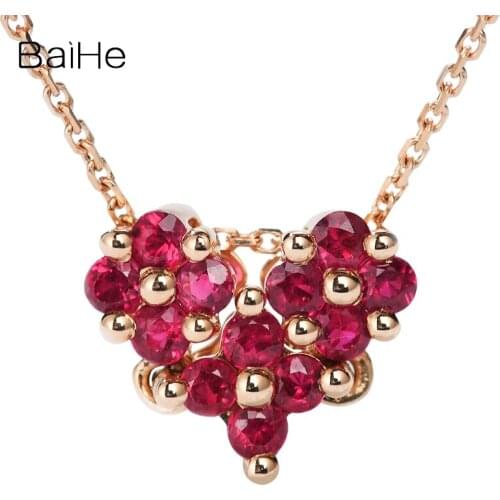 BAIHE Genuine Solid 18K Rose Gold 0.38ct Round Cut Natural Ruby Pendant Women Trendy Fine Jewelry Elegant gift Heart Necklaces