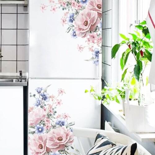 Romantic Blue Pink Flowers Decals Living Room Corner Bedroom Porch Refrigerator Decoration Wall Stickers Removable