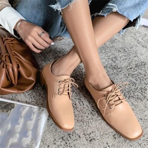 PXELENA British Retro Casual Comfort Oxfords Shoes for Women 2020 Spring Autumn Square Toe Low Heel Derby Shoes Lace Up Fretwork