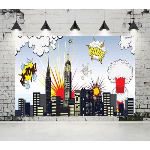 VinylBDS Children Photography Backdrops Superhero Party Photo for Kids Colorful Cartoon City Building for Newborn Photo