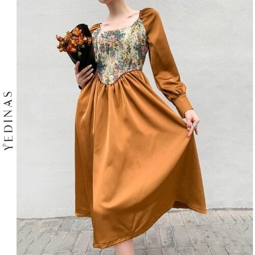 Yedinas Vintage Jacquard Long Sleeve Tunic Dress Women Autumn A Line Square Neck Floral Long Midi Ladies Gold Dress Spring 2021