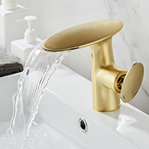 Waterfall Basin Faucets brushed gold bathroom basin tap faucet LED Brass sink faucet hot & cold mixer water tap torneira tapware