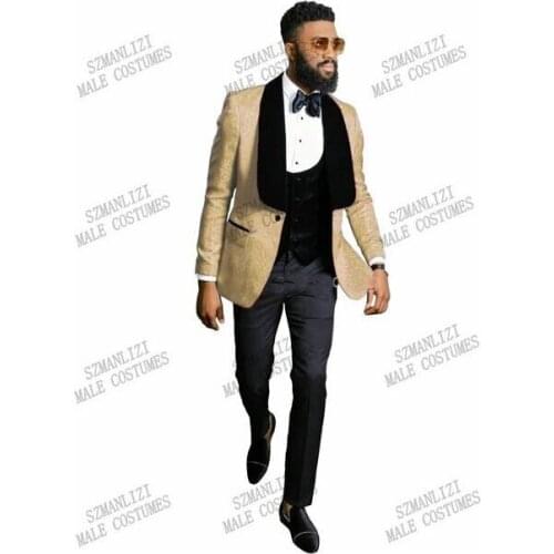 2021 Tailor Made Champagne Jacquard Jacket Wedding Tuxedo For Men Groomsmen 3 Piece Men Suits Set Shawl Lapel Male Groom Dress