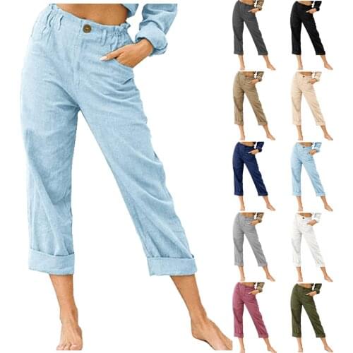 Womens Cotton Linen Pants Drawstring Back Elastic Waist Pants Casual Trousers Daily Fashion Comfy Pants Pantalones De Mujer 2021