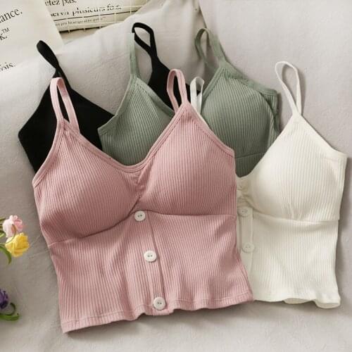 Womens Summer Tube Tops 2021 New Stylish Three Buttons Short Crop Top Casual Slim Camisole Tank Push Up Bra Set