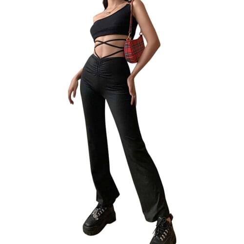 Womens Casual Criss Cross High Waist Bandage Straight Leg Sexy Pants Street Clubwear Fashion Trousers