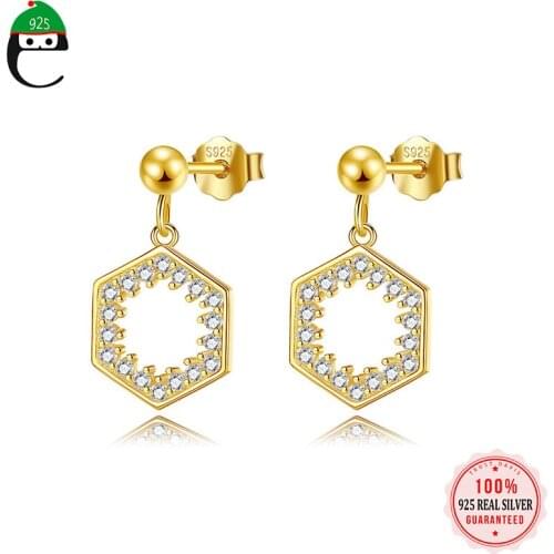 ElfoPlataSi Genuine 925 Sterling Silver Hollow Geometric Zircon Stud Earrings Birthday For Women Daughter Girls Jewelry L020