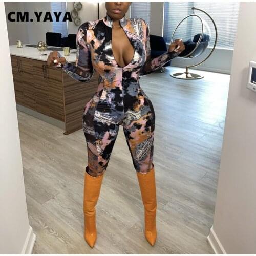 CM.YAYA Tie Dye Print Full Sleeve Zipper Jumpsuit for Women Slim Skinny Elastic Streetwear Full Length Jumpsuits Fashion Fall