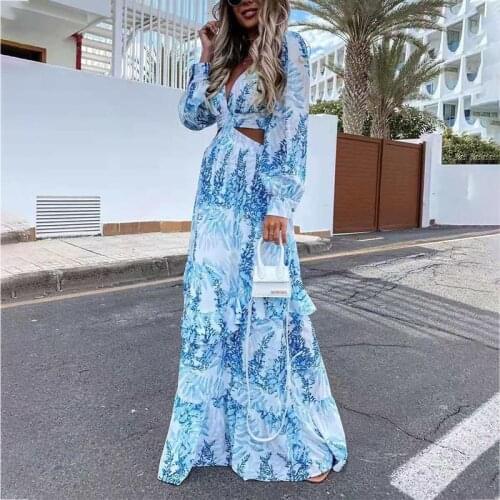 Beach Long Dress Sexy Hollow Out Boho Deep V Neck Summer Womens Dress 2021 New Print Ruffle Party Long Sleeve Maxi Dresses