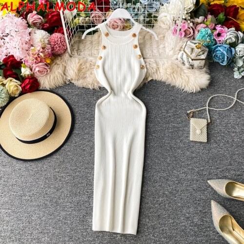 ALPHALMODA 2020 Summer Women Fashion Buttons Knit Dress Sleeveless Pullovers Ladies Slim Solid Knitting Dress
