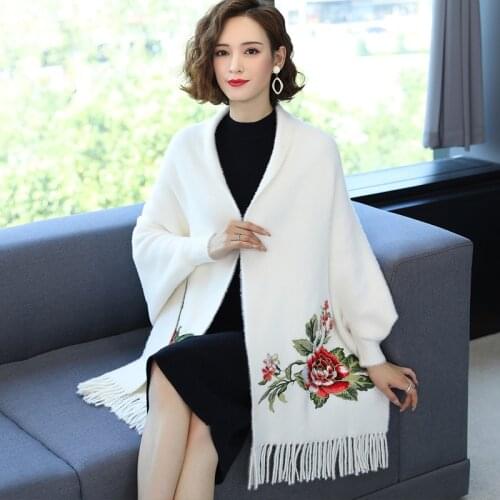 ZJZLL Autumn Winter Embroidered Black Shawls And Wraps Capes With Sleeve Flower Scarf Cashmere Poncho Loose Womens Trench Coat