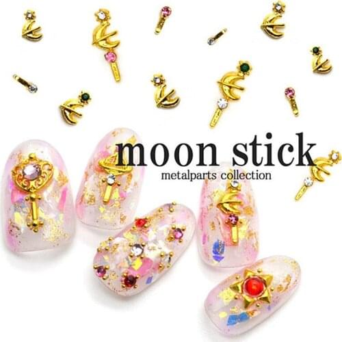 10Pcs/Lot Japan Luxury Rhinestone Moon Stick DIY Accessories Metal Alloy Nail Art Deco/Stickers/Charms/ Tools for Bride Manicure