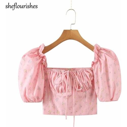 2021 Summer shirts women kawaii puff sleeve top floral print vintage blouse casual square neck lace up top pink party streetwear