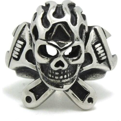 316L Stainless Steel Fashion Biker Spanner Skull Ring Mens Motorcycle Biker Spanner Ring Hot