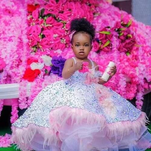 Sparkly Sequined Baby Girls Birthday Party Pink Dresses Long Ball Gown Puffy Flower Girls Dresses Kids Pageant Gown