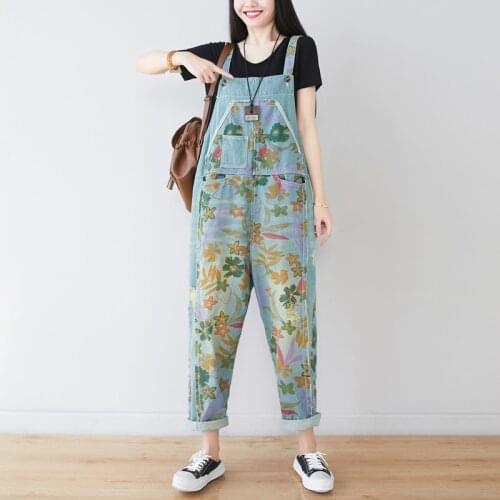 Big Size Printed Jean Jumpsuits Wide Leg Bib Overalls Women Drop Crotch Denim Rompers Baggy Suspenders Cowboy ripped Trousers