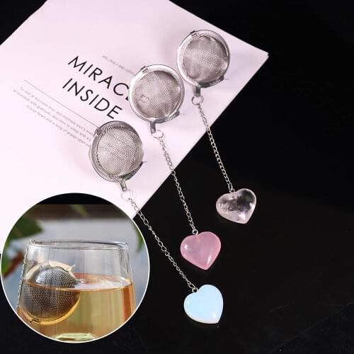 1pc Natural Crytal Heart Shaped Clear Quartz Stone Tea Filter Stainless Steel Chain Tea Maker Seasoning Ball Amethyst Gemstone