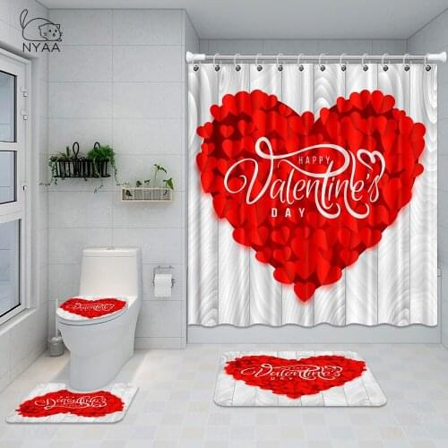 Valentine Gift Rose Petal Bathroom Non-slip Mat Set Durable Waterproof Shower Curtain Set Pedestal Rug Lid Toilet Cover Bath Mat