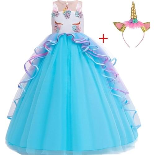 Unicorn Party Kids Dresses For Girls Long Princess Dress Children Carnival Costume Flower Girls Wedding Dress4 6 8 10 12 14 Year