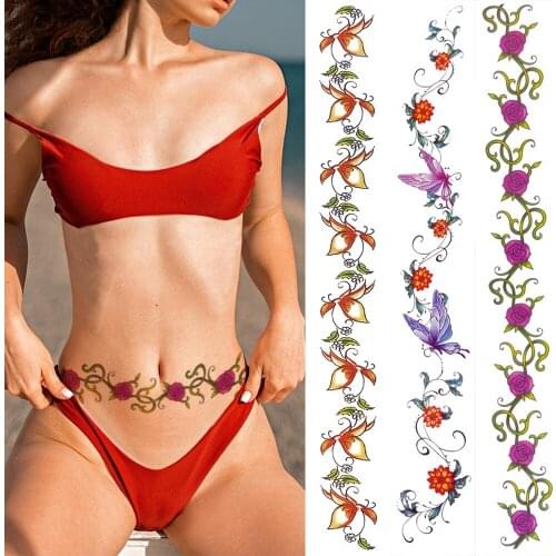 Flash Rose Temporary Tattoos Sticker For Women Sexy Body Art Waist Painting Tatto 3D Realistic Fake Throns Tatoos Paste Cover Up