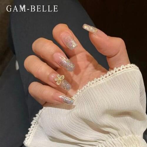 GAM-BELLE Gradient Glitter Fake Nails With 3D Bow French Long Square Full Cover Artificial Press On Nails DIY Manicure Tool