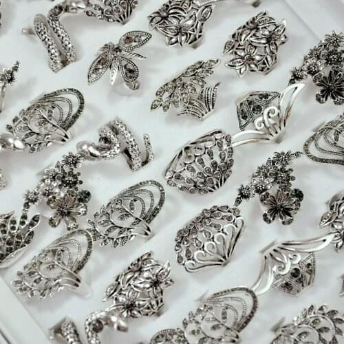 80Pcs New Vintage Flowers Ancient Silver Color Style Rings lot for Women Female anel Jewelry top quality LR4045