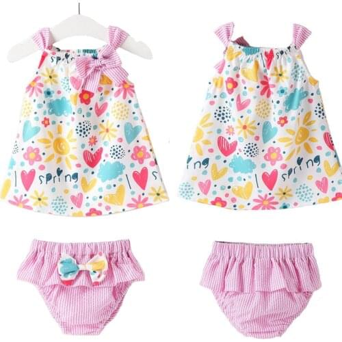 Baby Girl Dress Set Newborn Toddler Cartoon Print Bowknot Dress Triangle Shorts Summer Kids Clothing Set 2-Piece Set 0-2 Years
