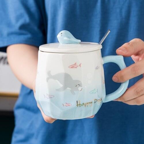 Cartoon 3D Three-dimensional Embossed Sea Lion Ceramic Cup Creative Ocean Series Mug Small Fresh with Cover Spoon Cup Coffee Cup