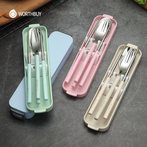 WORTHBUY Portable Travel Tableware Set 304 Stainless Steel Dinnerware Set With Wheat Straw Handle Box Kitchen Cutlery Dinner Set