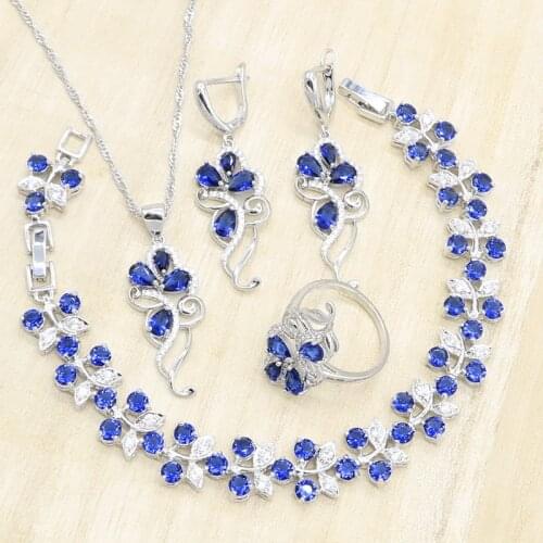 Blue Crystal Silver Color Jewelry Sets for Women Wedding Earrings Pendant Necklace Rings Bracelet Christmas Gift Box Dubai