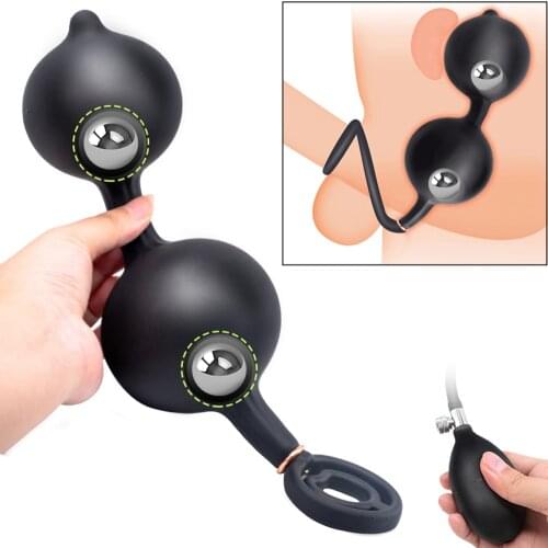 Inflatable Anal Plug Cock Ring Built-in Steel Ball Prostate Massager Anal Expander Adult Sex Toys For Men Women Vaginal Dilator