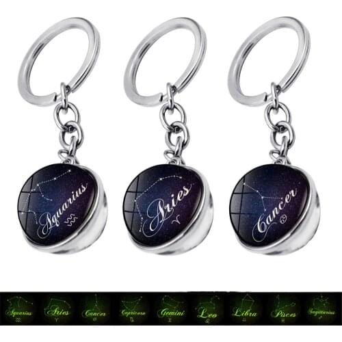 New 12 Constellation Keychain Accessories Cabochon Glass Ball Luminous Keychain Zodiac Signs Jewelry Men Women Birthday Gift