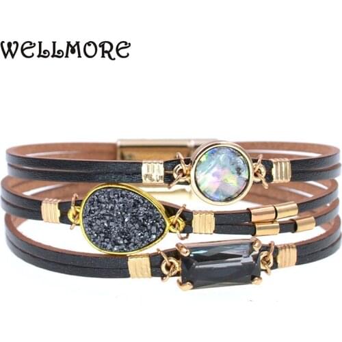 WELLMORE NEW leather bracelets for women 6 colors 3 size crystal charm Bracelets & Bangles fashion Female Jewelry wholesale