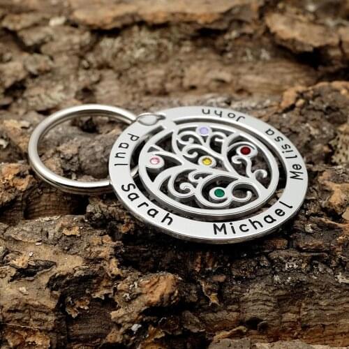 Personalized Family Tree Keychain Customize Fathers Gift Name and Birthstone Keychain Engraved Name Keyring Gift for Him
