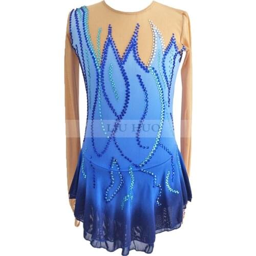 High-end customization Figure Skating Dress Womens Girls' Ice Skating Dress Blue flame style high elasticity fabric