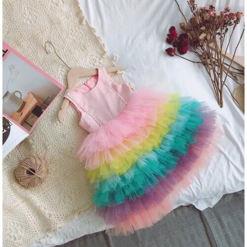 Pink Infant Girls Pink Puffy Dresses Colorful Bottom Girls Rainbow Bottom Girls Communion Birthday Dresses Real Photos