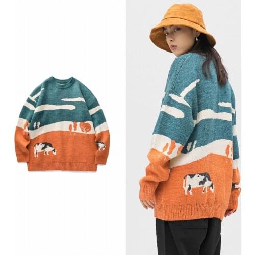 TSINGYI Vintage Cow Sweater Women Men Autumn Winter Cartoon Splice Pollover O-Neck Printed Streetwear Hip Hop Harajuku Clothes