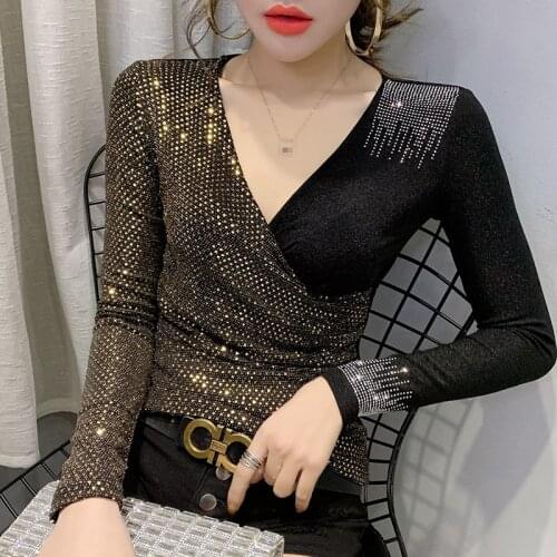 2020 Spring Autumn Clothes Sexy V-Neck Shiny Patchwork Diamonds T-shirt Women Tops Ropa Mujer Bright Bottoming Shirt Tees T9D005