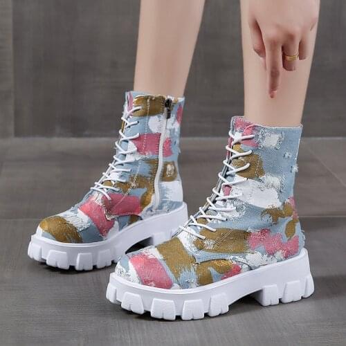 2021 Autumn Winter New Ladies Shoes Women Thick-soled Casual Color Matching Denim Lace-up Short Fashion Boots Botas De Mujer