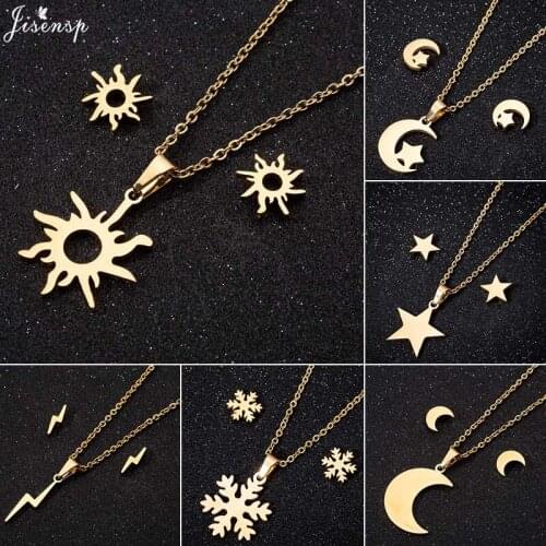 Jisensp Ethnic Sun Pendant Necklace Earrings Sunshine Stainless Steel Jewelry Sets for Women Birthday Party Trendy Gift bijoux