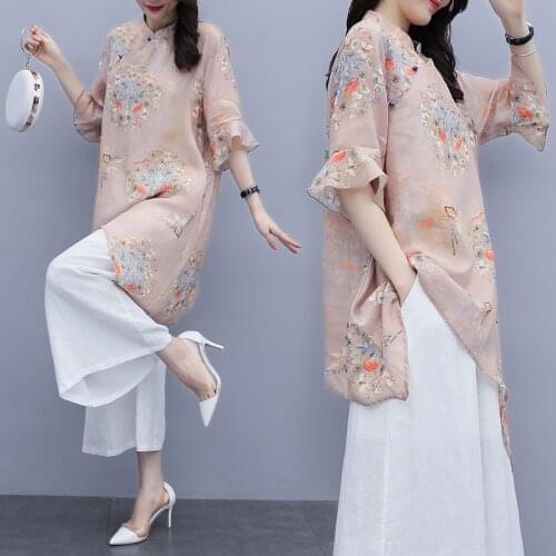 Plus Size Chinese Style 2 Two Piece Suit Improved Cheongsam Top + Wide Leg Pants Women Vintage Print Loose Chiffon Clothes Set